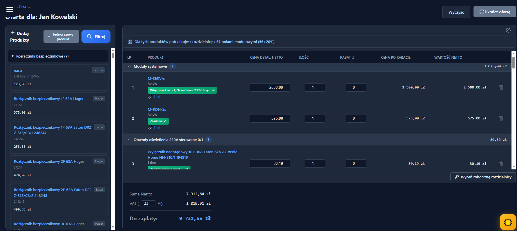 Kreator wycen - interfejs generowania wycen